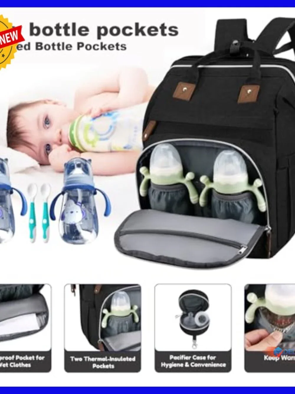 Large Diaper Backpack with Changing Pad, Laptop Compartment, USB Port